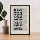 Framed book page art featuring the William Morris quote: “Have nothing in your house that you do not know to be useful, or believe to be beautiful.”