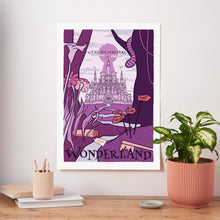 Wonderland fictional travel poster art print inspired by Alice in Wonderland, with a whimsical castle, Cheshire Cat tail, and signs pointing every which way