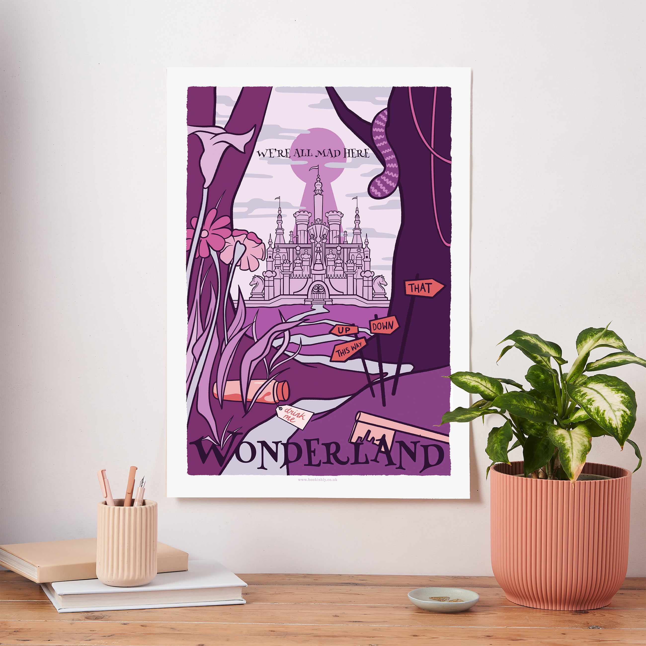 Wonderland fictional travel poster art print inspired by Alice in Wonderland, with a whimsical castle, Cheshire Cat tail, and signs pointing every which way
